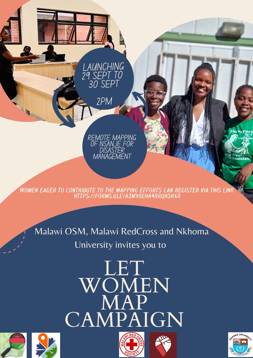 In response to flooding brought on by recent cyclone.We invite female mappers to participate in remote mapping campaign launching on 29 Sept with a physical mapathon at MUBAS in BT. In LL at LUARNAR &amp; NKHUNI open to both men and women 🔗forms.gle/a3My8EHa4rrQH5…
 <a href="/openmapping_esa/">The Open Mapping Hub-Eastern & Southern Africa Hub</a>
