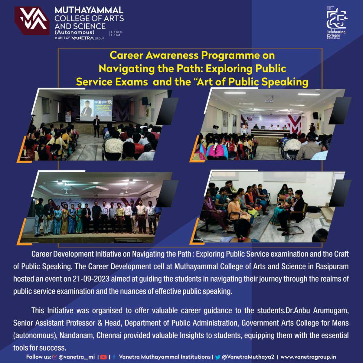 VanetraMuthaya2's tweet photo. Career Awareness Programme cell organized Navigating the Path: Exploring Public Service Exams & the Art of Public Speaking on 21.09.2023.
#career #careergrowth #careeradvice #awareness #navigating #navigatingthepath #navigatingthepathway #public #publicsevice https://t.co/M2SoNbx6yr