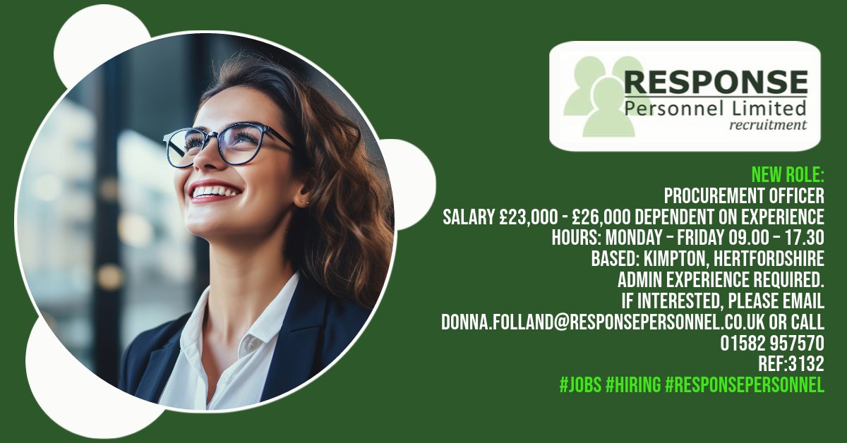 ResponseJobs's tweet photo. Procurement Officer

Salary £23,000 - £26,000 dependent on experience
Hours: Monday – Friday 09.00 – 17.30
Based: Kimpton, Hertfordshire
Admin experience required.
If interested, please email Donna.folland@responsepersonnel.co.uk or call 01582 957570
Ref:3132 https://t.co/1ZMjpNV3GE
