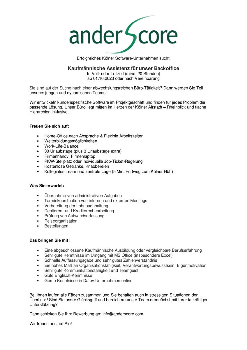 Kaufmännische Assistenz für unser Backoffice im Herzen der Kölner Altstadt gesucht! Bewirb´ Dich heute noch bei uns - wir freuen uns auf Deine Bewerbung!
anderscore.com/jobs/assistent…
#backoffice #stellenangebot #Job #büro #bürokauffrau #koeln #wirstellenein