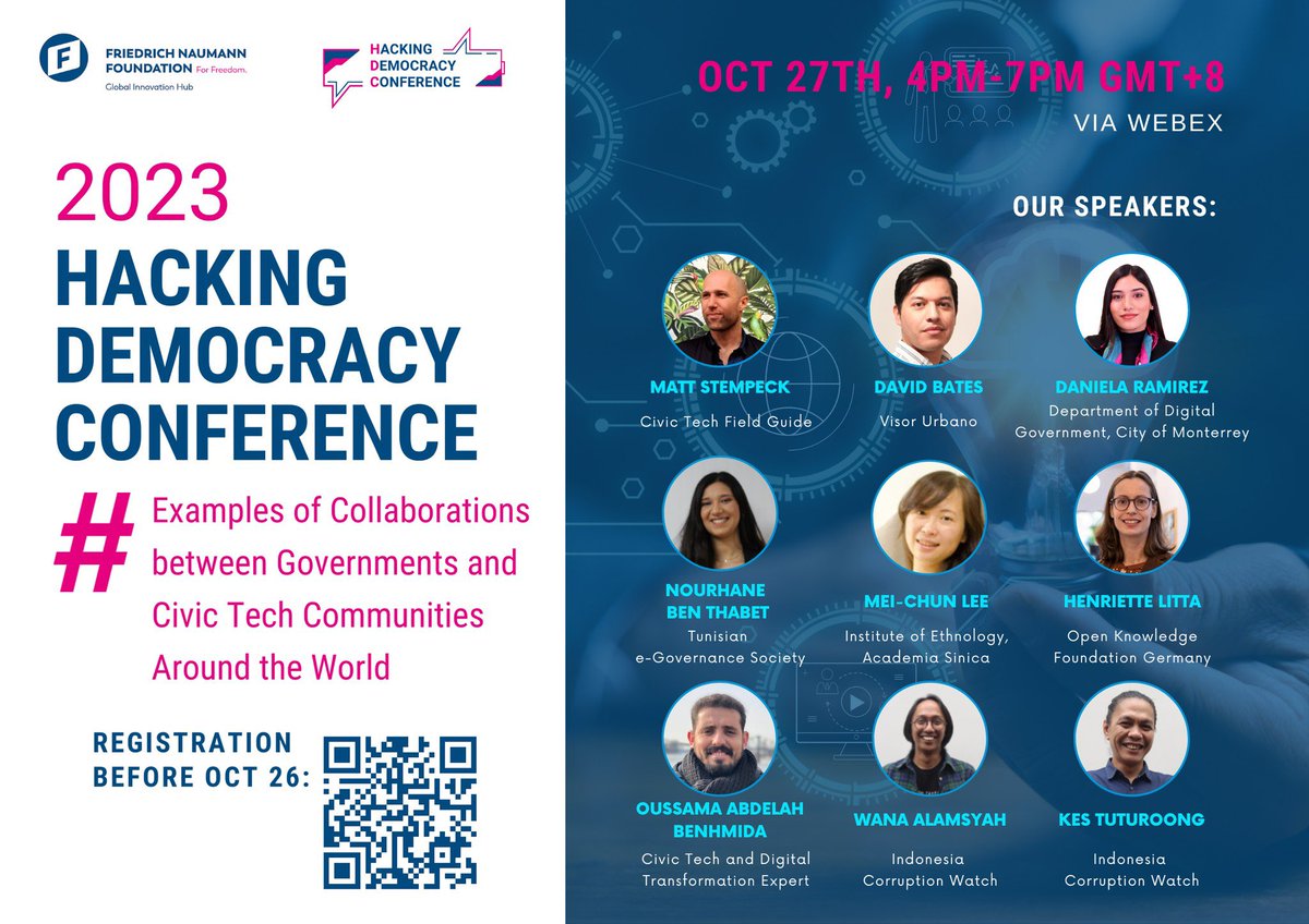 Ready to take the stage at FNF Global Innovation Hub's 2023 Hacking Democracy Conference, along with colleagues Daniela Cano and Wana  Alamsyah!

More details and registration at: freiheit.org/taiwan/hacking…

#GovTech #CivicTech #TechForGood #DigitalDemocracy
