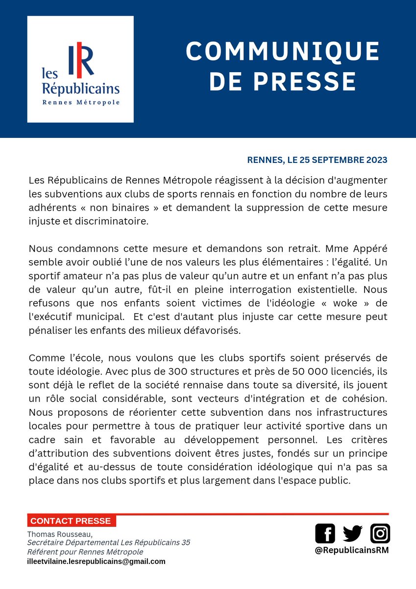Suite à la décision d’augmentation de subventions des clubs sportifs pour les non-binaires à #Rennes, les ⁦@RepublicainsRM⁩ demandent le retrait de cette mesure discriminatoire et injuste.
#Rennes #RennesMetropole #LR #lesRepublicains