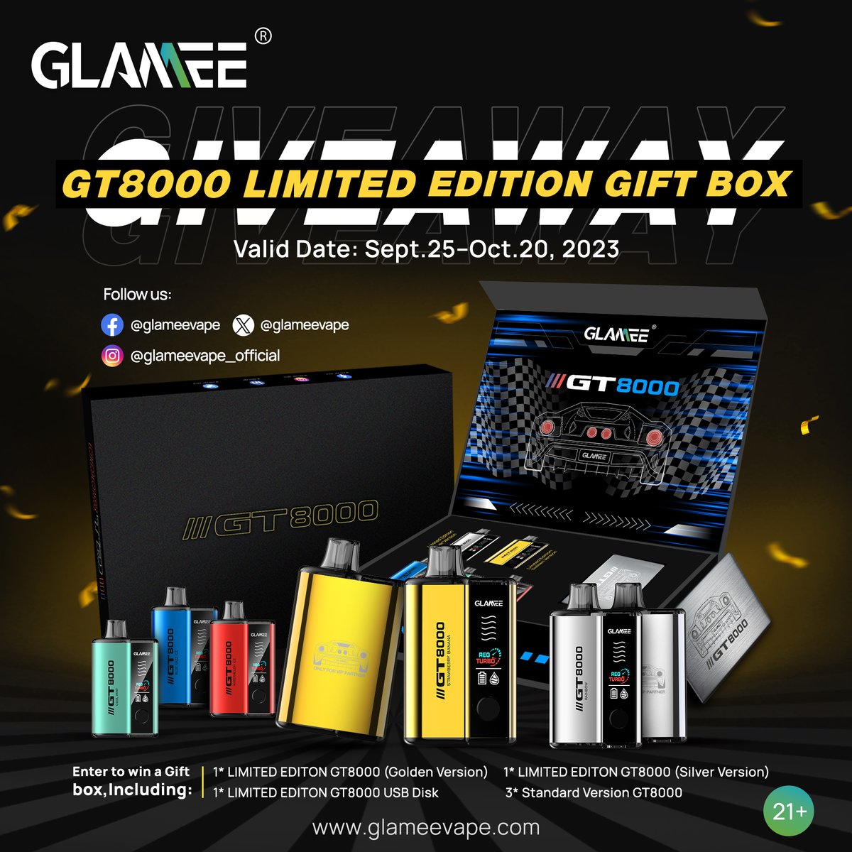 💚 Giveaway time 💚 ARE YOU READY FOR THE GT8000 GIFT BOX?!🎁Easy to enter and big to win!😉 How to enter?🧐 - Follow our social media: @glameevape_offcial - Like this post & share it on your profile/story; - Tag 3 friends to join together. Giveaway date: Sept.25--Oct.20, 2023