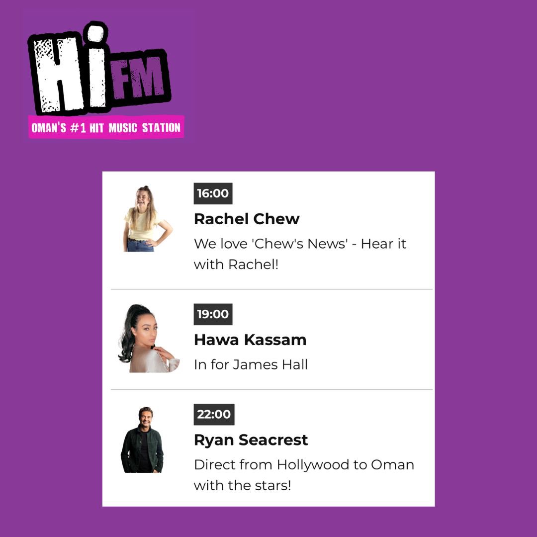 Catch me across Oman on <a href="/hifmradio/">Hi FM Oman</a> evenings for the next two weeks in for the lovely James Hall

Sandwiched nicely between Rachel Chew and Ryan Seacrest, I can’t complain! 💜💜