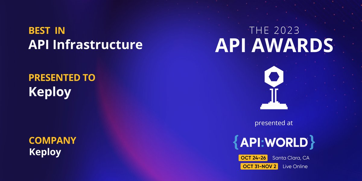 We’re very excited 🚀🔥 to share that Keploy won the 2023 API award for Best in API Infrastructure! 🥳

We are giving 50 free passes to #APIWorld, in a giveaway. Enter giveaway to win free passes! 🚀

forms.gle/dW9CcEMAjmjWSt…

#api #apiworld2023 #opensource #meetup #conferences