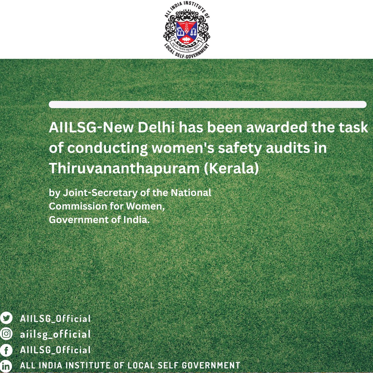 AIILSG-New Delhi has been awarded the task of conducting women's safety audits in Thiruvananthapuram (#Kerala ) by Joint Secretary of the National Commission for Women, Government of India.   

#womenssafety #SafeIndia #SafetyForAll #EmpowerWomen #NewDelhi #Thiruvananthapuram