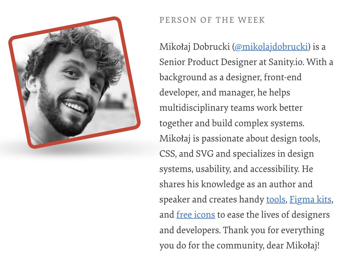 Our Person of the Week is a Senior Product Designer specializing in design systems, usability, and accessibility. Please give a warm round of applause for... Mikołaj Dobrucki!

Thank you for everything you do for the community, dear @mikolajdobrucki!

#smashingcommunity