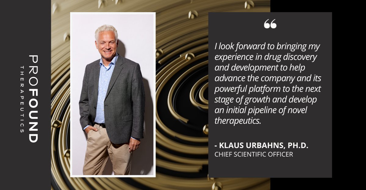 We're excited to welcome Klaus Urbahns, Ph.D., as Chief Scientific Officer at ProFound! Klaus brings 3 decades of robust drug discovery &amp; development experience, &amp; we look forward to his leadership as we pioneer the expanded human #proteome: bit.ly/3rwwlVR #innovation
