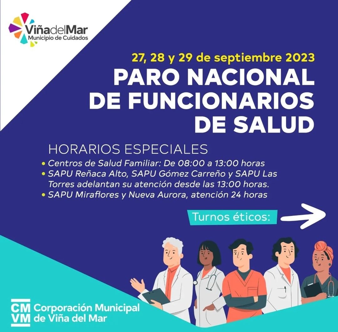 CEValparaiso's tweet photo. #ViñadelMar La Corporación Municipal de Viña del Mar informa de paro nacional de funcionarios de salud los días 27, 28 y 29 de septiembre, se programarán horarios especiales y turnos éticos
@NicoleLayana @LocoPensador7 @giannipancetti @panchoporvina @RadioCarnavalFM @marcebeatriz https://t.co/g1a2HEb1Av