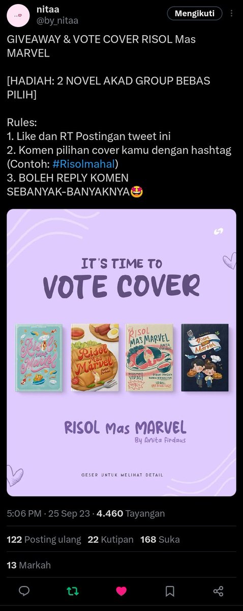 juswanabiyors's tweet photo. @by_nitaa donee, tim #Risolmarvel soalnya covernya tuh lucu bingitts??? https://t.co/DazvHb3g2r
