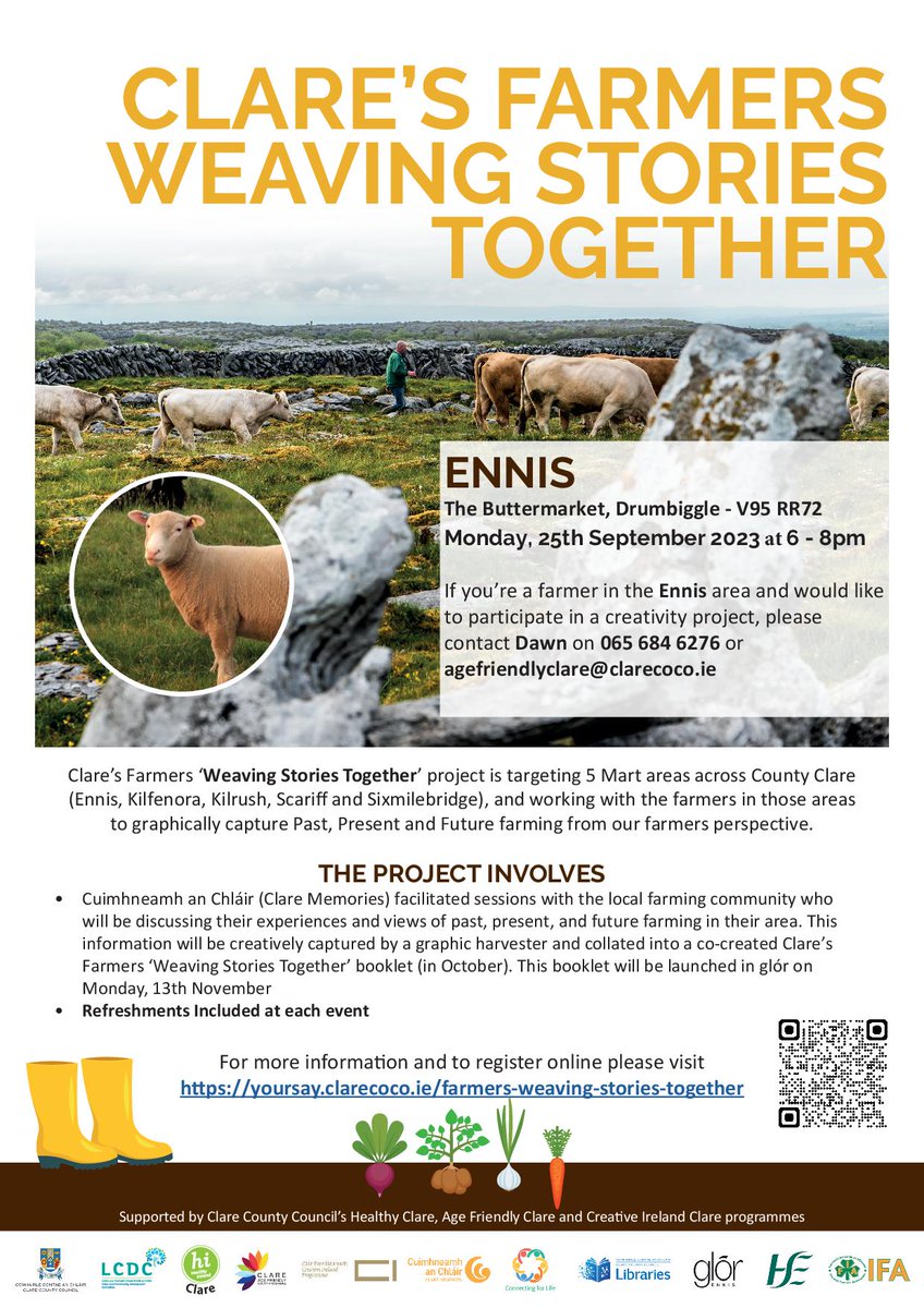 We are really looking forward to meeting farmers in the #Ennis region this evening in the Buttermarket, Ennis (eircode V95 RR72) from 6-8pm. This is part 2 of 5 of the 'Clare Farmers Weaving Stories Together' Project. For more info. ➡️ yoursay.clarecoco.ie/farmers-weavin… or ☎️087 987 8785