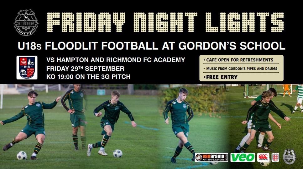 Kicking off this weekend, Friday Night Live. Watch the U18s in action against @AcademyHAMRICH on the 3G floodlit pitch at Gordon's. Free entry, refreshments available and a chance to see the Pipes and Drums in action! Kick off 19.00. @GordonsPEDept @FootballGordon #fridaysport