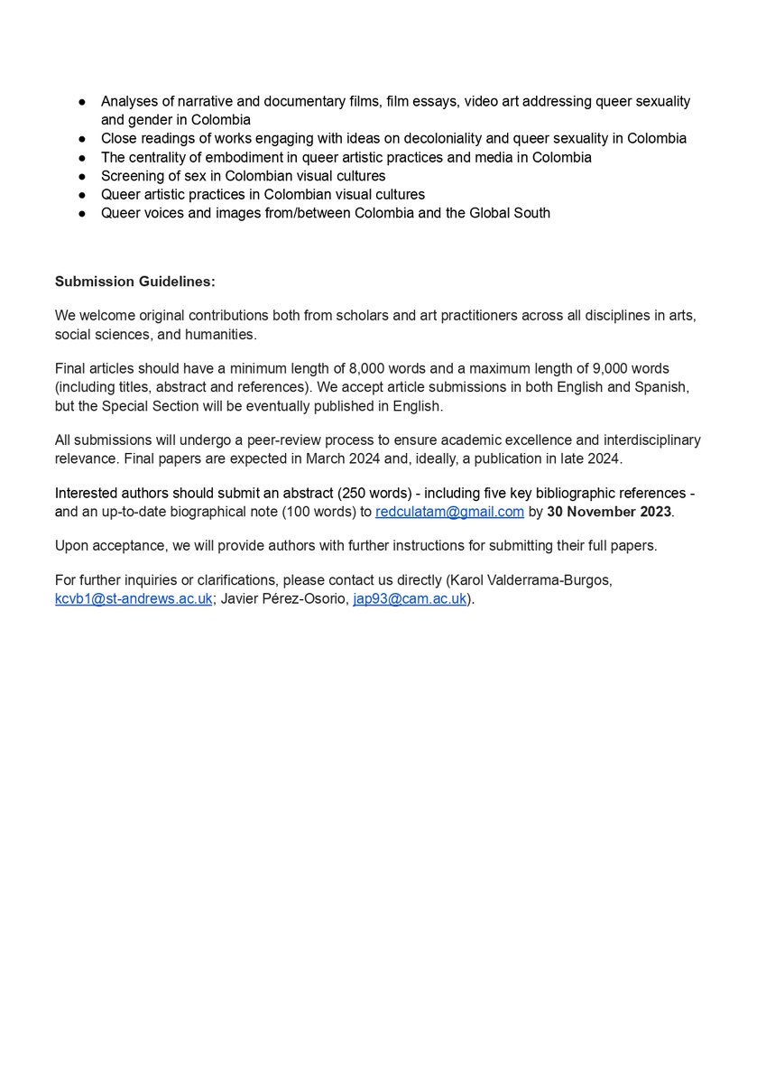 As part of our work together in @RedCuLatam, @karolvaldeb and I are inviting contributions for a publication on decolonial and queer approaches to Colombian Visual Cultures. Articles between 8000 and 9000 words Abstract Deadline: 30 Nov 2023 Paper Submission: March 2024 INFO ⬇️