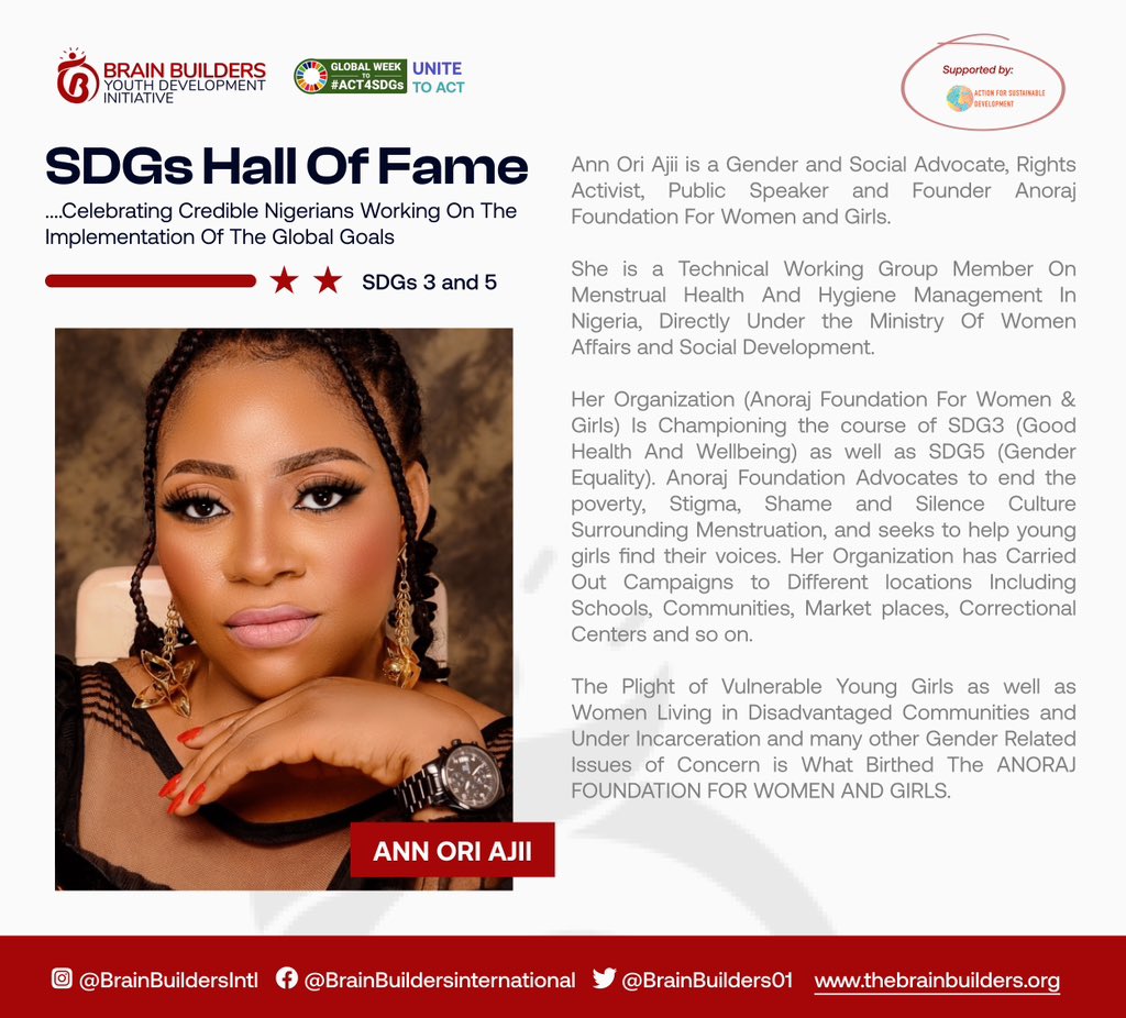 AjiiAnn's tweet photo. I am honored to have been spotlighted as an SDG Champion by @BrainBuilders01.
It's a great pleasure to see that what we do at ANORAJ FOUNDATION FOR WOMEN AND GIRLS is Impacting Lives and we shall continue to Advocate for the SDGs.
#UNGAwithKwara 
#SDGsHallOfFame 
@Action4SD https://t.co/OLyg3upYDa