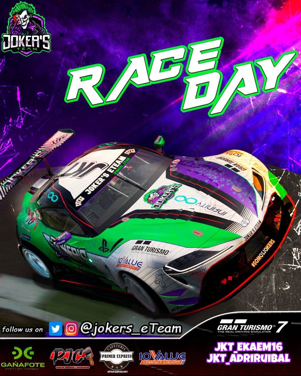 #GT7 #Raceday

Vamos a por la R3 de la <a href="/InfinityGSeries/">Infinity GSeries</a>  🔵
Nuestros chicos llegan hambrientos😈

🚗| Toyota Supra Gr3
🗺️| Mount Panorama 
👥| <a href="/AdriRuibal/">Adri Ruibal</a> <a href="/ekagtav/">Eka</a>
⌚| 21:30
🖌️| <a href="/AJSF_design/">AJSF_design</a>

📺| Sigue la retransmisión en twitch.tv/alejandro_garn…

#SomosJokers🃏