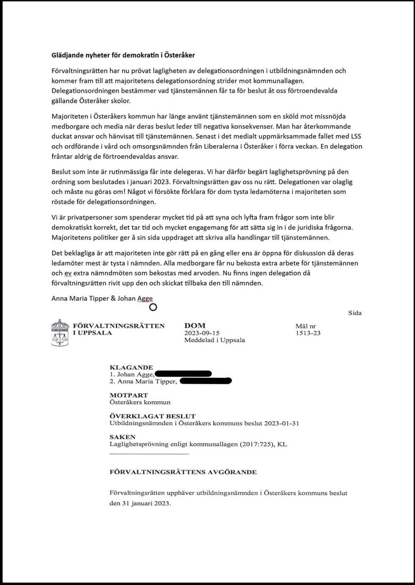 Glädjande nyheter för demokratin i <a href="/osteraker/">Österåkers kommun</a>. Vilken tur att vi har möjlighet att överklaga beslut.
Beslut om tex förlängd avstängning av elev längre är rektors två veckor är aldrig rutinärende! Vi är ansvariga!
#svpolitik #skola <a href="/AnnaMar50082970/">Anna Maria</a>