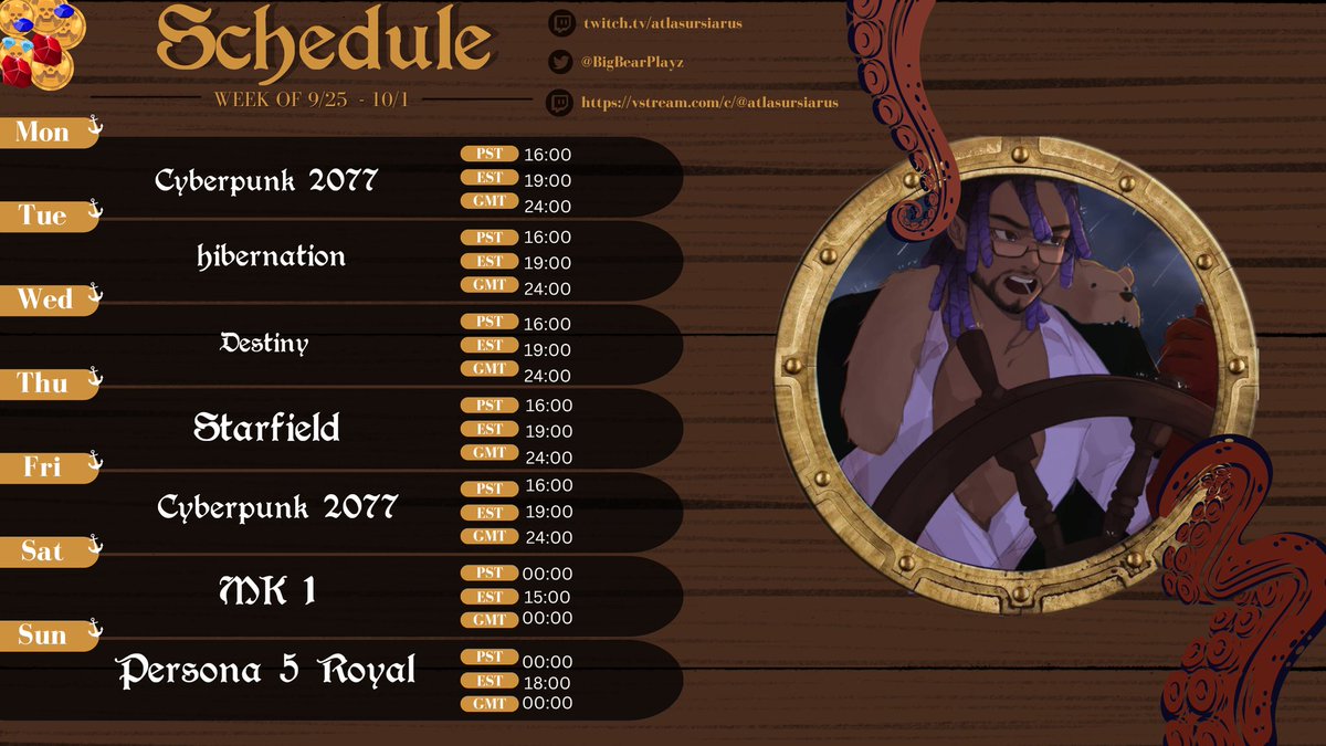 BigBearPlayz's tweet photo. Oh, let me drop this Lil thing.
The ship schedule for this weekend.
Hastags:
MMD: #AtlasMMD
Live: #AtlasLive
Art: #AtlasArt
Platform:
Twitch: Cyber Punk and Destiny
Vstream: Persona and starfield
Let's set sail towards the dream. https://t.co/30XwzNCBgy