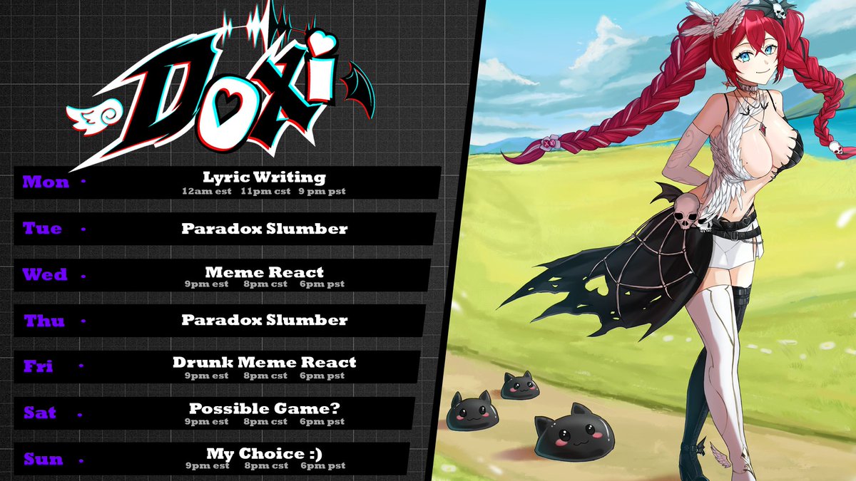 doxivtuber's tweet photo. ❤💀 SCHEDULE ANNOUNCEMENT 💀❤

[Schedule for 9/25 - 10/1]

♡ General: #Doxi 
♡ Lewd: #Doxxxi
♡ Fandom: #Doximorons

Links Below ⬇⬇⬇ https://t.co/sVitypkGCn