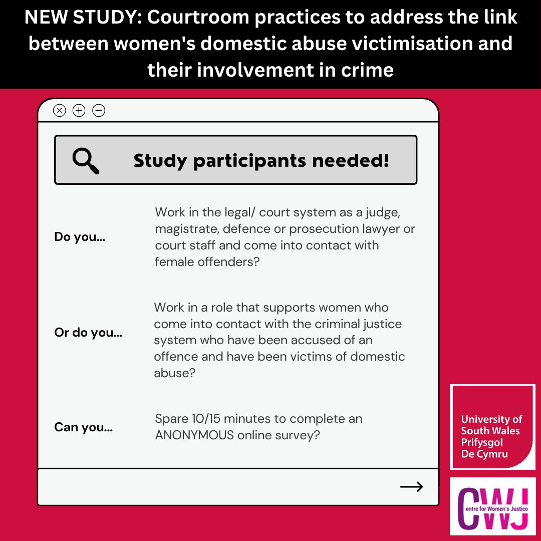Jo_M_Roberts's tweet photo. 📢📢📢Last call to take part in my research with the @centreWJ 📢📢📢

Pls complete our short, anonymous survey exploring courtroom practices to address the link between #DomesticAbuse #VAWG victimisation &amp; women's involvement in crime:
https://t.co/w4bpvBt4Ui

Closes Friday. https://t.co/BrI4gSIlba