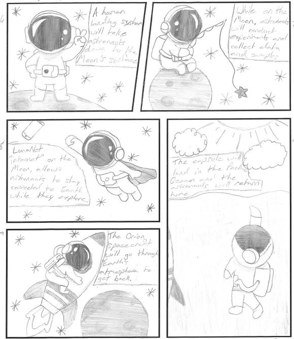 It's National Comic Day! Check out this comic done by a student in Texas showing the @NASAArtemis mission's journey to the Moon, including sending science data back to Earth! Want to draw your own? Download the comic here in English or Spanish here: go.nasa.gov/3ZpLhBE