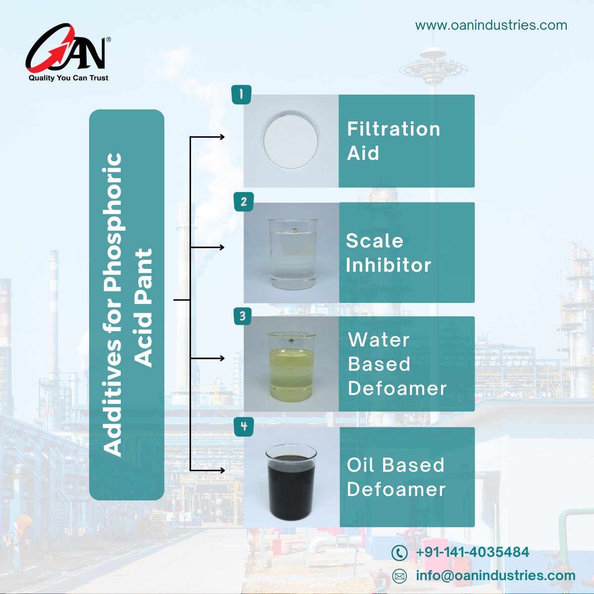oanindustries's tweet photo. Additives for Phosphoric Acid Plant
:
:
#filtrationaid #p2o5 #PolymericCompound #cationic #defoamer #antifoamingagent #antifoam #additiveforphosphoricacidplant #scaleinhibitor #scaleprevantion #antiscalant #scaleremoval #scaleremediation #preventclogging #descaling #scalecontrol https://t.co/JZuN1fuXLP