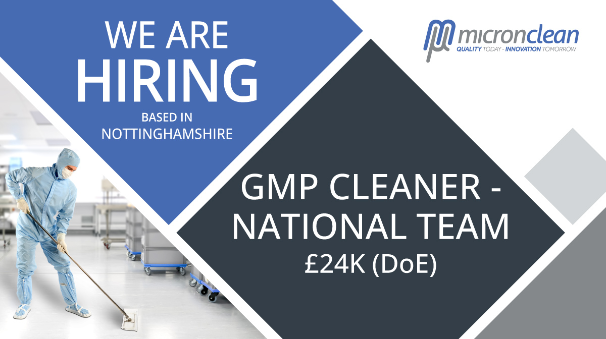 APPLY NOW - GMP Cleaner - National Team
Covering Nationwide (Based in the Nottinghamshire area)
£24,000pa (may vary depending on skills and experience)

For more information and to apply, visit: ow.ly/OZzB50PP6Ki

#NottsJobs #NottinghamshireJobs #Cleanroom #Micronclean