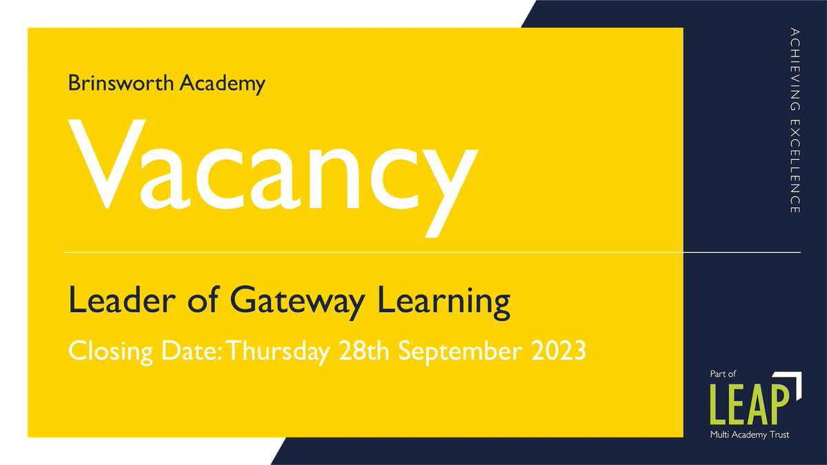 Don’t forget to get your applications in for this great opportunity at Brinsworth Academy! 

Find out more and apply: leap-mat.org.uk/vacancies/ 
Application close date: Thursday 28th September 2023