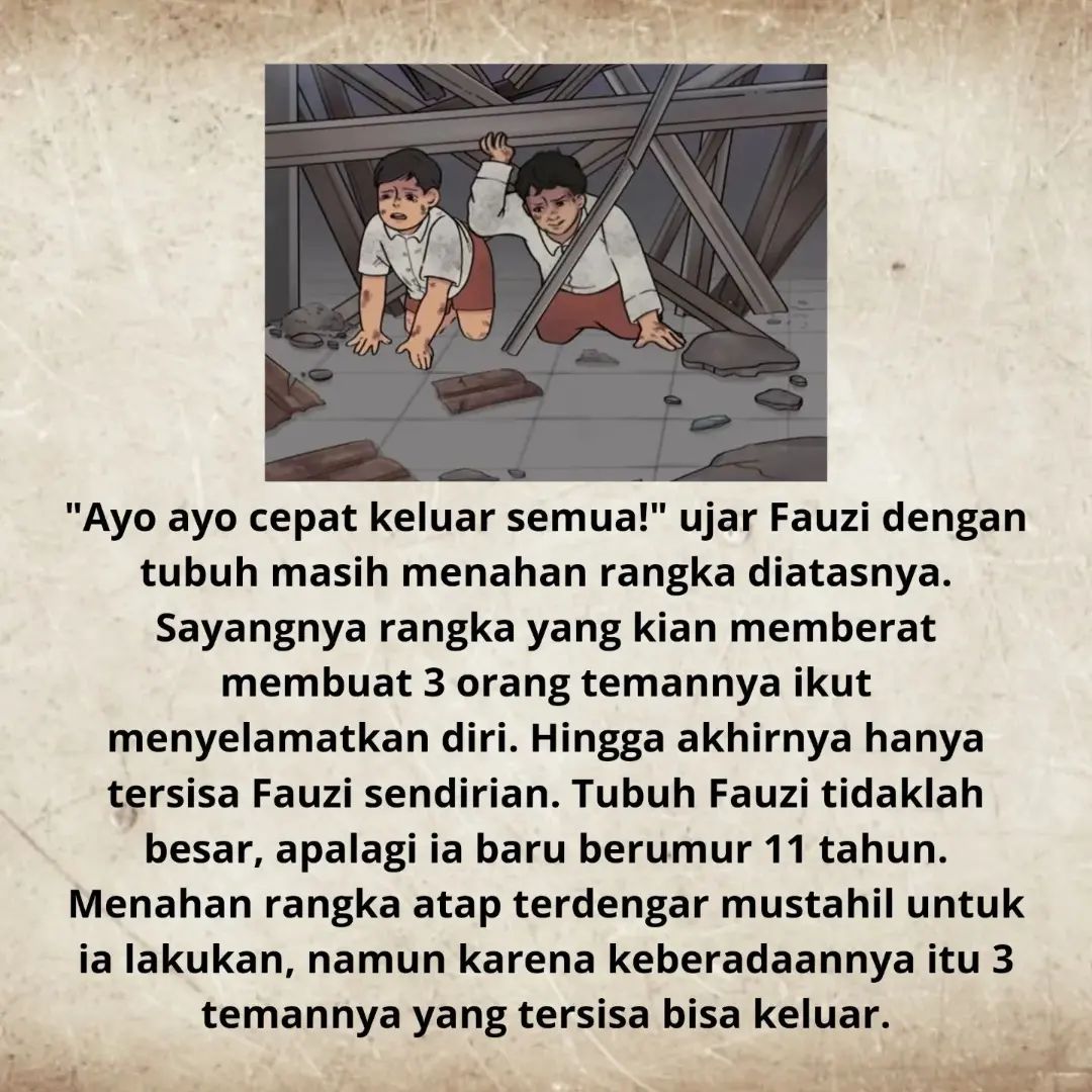 Mengenang Fauzi Ajitama, pahlawan kecil yang menyelamatkan banyak nyawa karena pengorbanan dan keberaniannya.

Saat kejadian, diketahui Fauzi juga baru kehilangan ayah tercinta yang wafat 35 hari sebelumnya..

Innalilahi wa'innailaihi rojiun, Insyaa Allah jannah tempat mu nak🤲