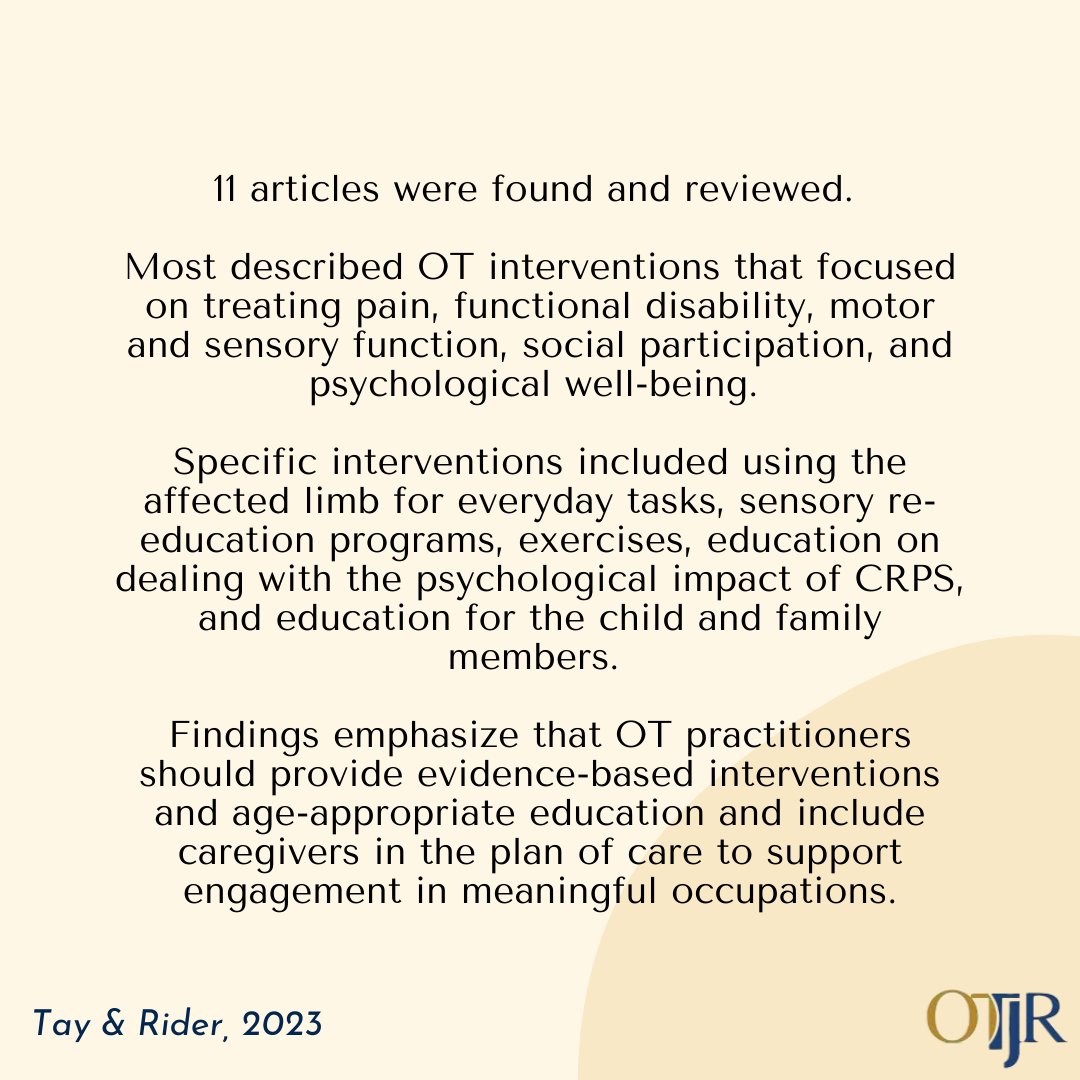 OTJRJournal's tweet photo. Exploring Pediatric CRPS Interventions 🌟

A #scopingreview sheds light on the role of #OT in pediatric #CRPS

Evidence-based interventions are key to empowering young lives and unlocking their potential

https://t.co/Tse2HIhK5g

#OccupationalTherapy #OTInterventions #OTResearch https://t.co/dmYuCQk6jp