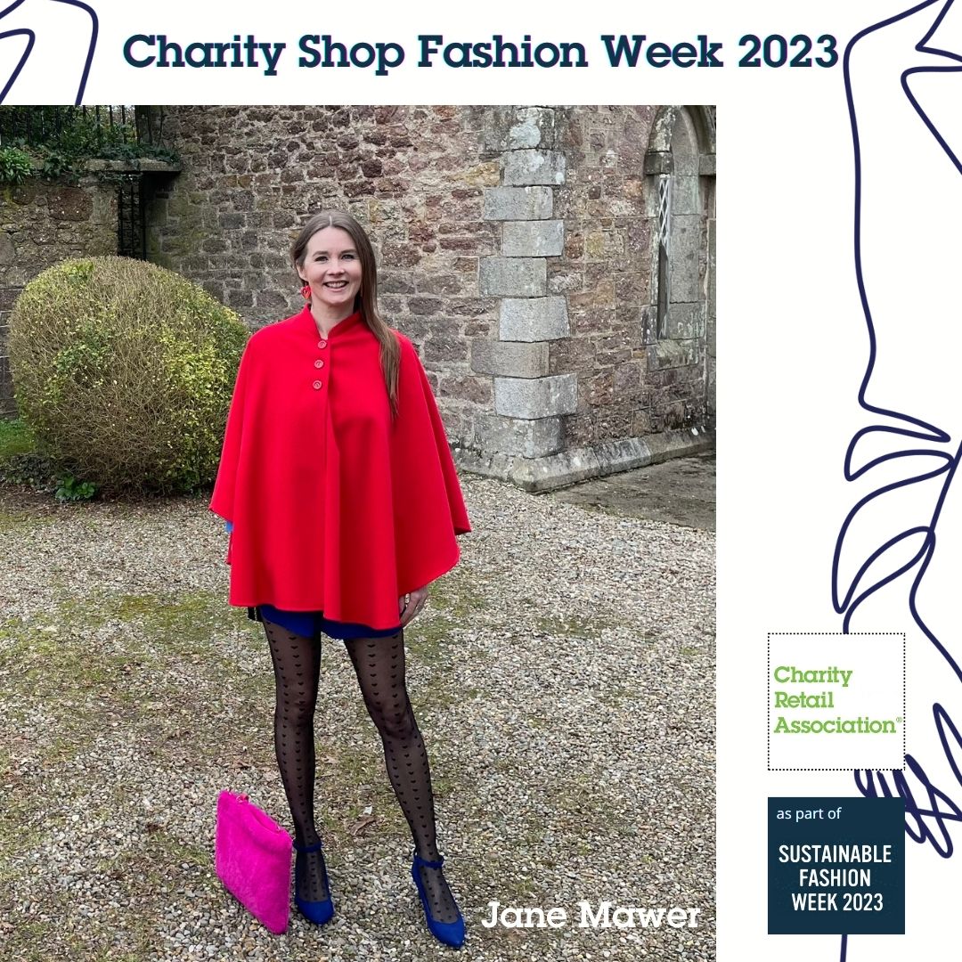 CharityRetail's tweet photo. Stunning red cape outfit with #preloved accessories from charity shop fan, @Jane_Mawer 
Red cape - borrowed
Blue dress from @ellenorcharity Charity Shop in Bexley Village
Tights from @CRUKShops Bexleyheath
Pink bag from @scope Bexleyheath
Shoes - M&amp;S - 10 years old

#charityshops https://t.co/1fiBw9bv94