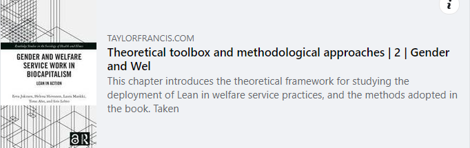 Uutuusteoksemme toisessa luvussa esittelemme tutkimuksemme metodologisteoreettisen työkalupakin. Kirjoitamme siitä, miten esim. affektien, biokapitalismin, kääntämisen ja sosiomateriaalisuuden, avulla päästään käsiksi Leanin tekemiseen. Lue lisää: shorturl.at/clQU6
