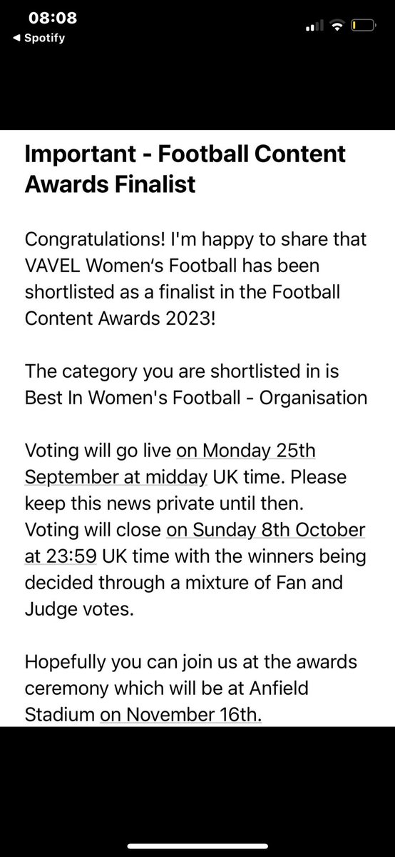 I can’t tell you how proud I am, not only of myself, but of <a href="/_miaclaydon/">Mia Claydon</a>, <a href="/Mgp2706/">Max</a>, and the amazing group of writers we have bonded at VAVEL WoSo. 

We’re finalists for the best organisation in women’s football at this year’s Football Content Awards!

I’m so, so thankful.