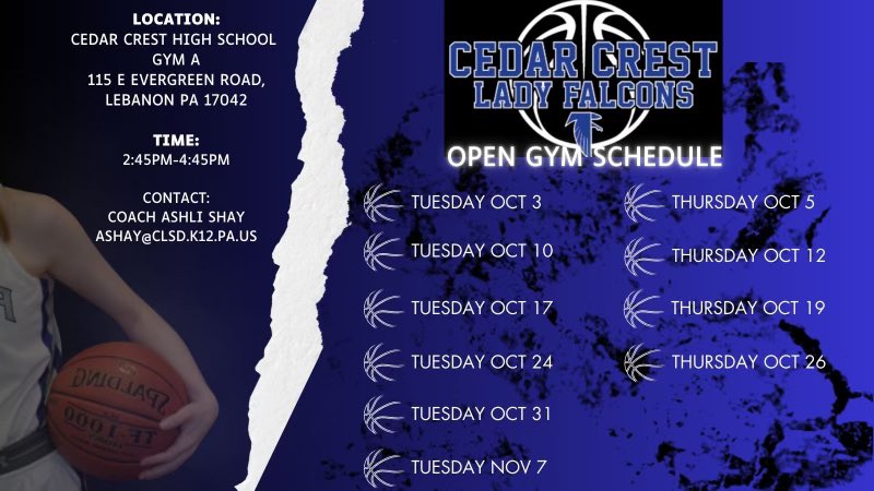 CCHS Girls Basketball Parent Club (@crestgirlshoops) on Twitter photo πCedar Crest Lady Falcons
Open Gym schedule π
<a href="/CLSD_Schools/">Cornwall-Lebanon SD</a> <a href="/CCHSFalcons/">Cedar Crest Athletics</a> <a href="/amshay51/">Coach Shay</a> πCedar Crest Lady Falcons
Open Gym schedule π
<a href="/CLSD_Schools/">Cornwall-Lebanon SD</a> <a href="/CCHSFalcons/">Cedar Crest Athletics</a> <a href="/amshay51/">Coach Shay</a>