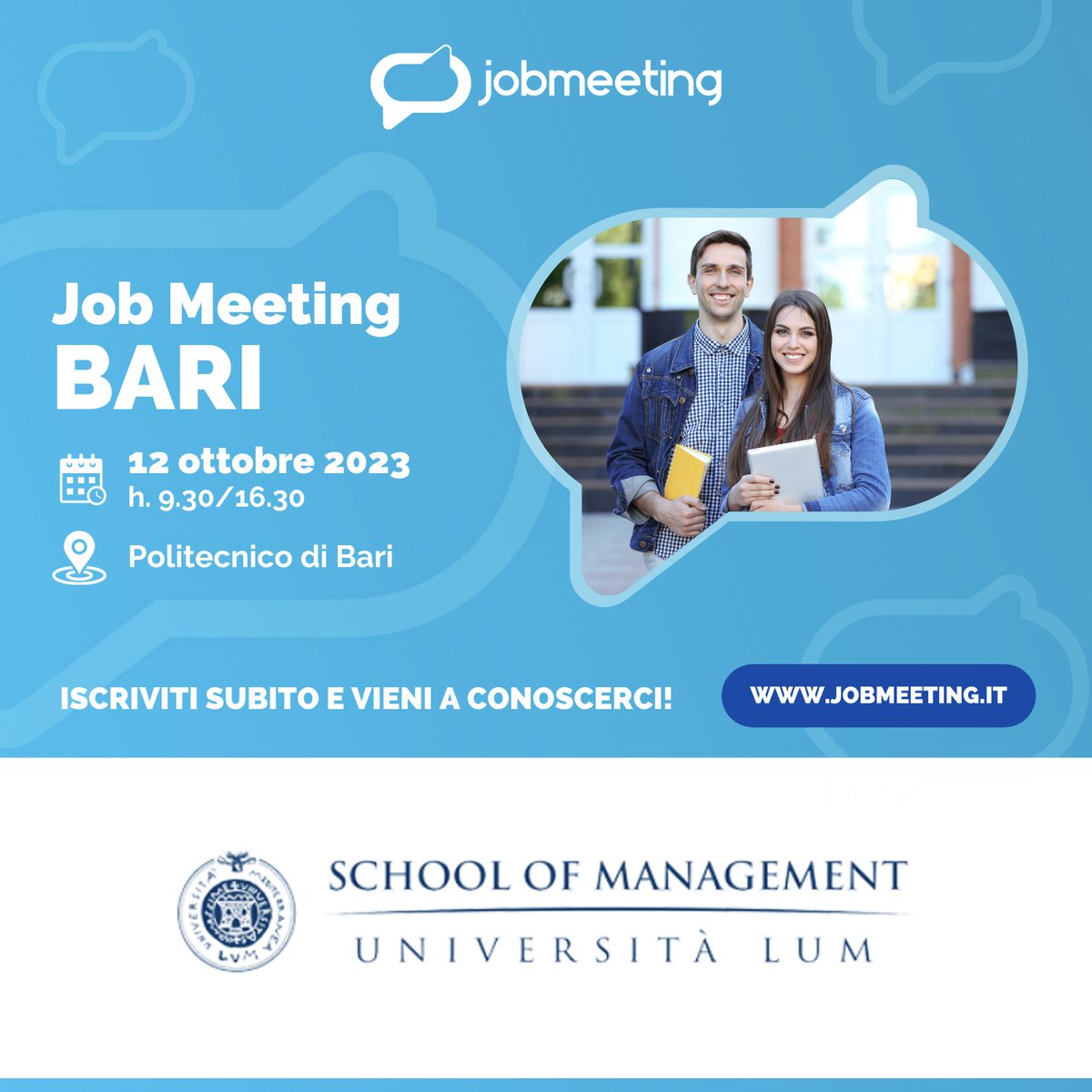 lummanagement's tweet photo. Partecipa al Job Meeting BARI, il grande evento di orientamento al lavoro e incontro con le aziende!
Ti aspettiamo il 12 ottobre 2023 presso il Politecnico di Bari.
L’evento è gratuito previa registrazione obbligatoria: https://t.co/esHruq74kW
#lumschoolofmanagement #jobmeeting https://t.co/wXN40DRF8d