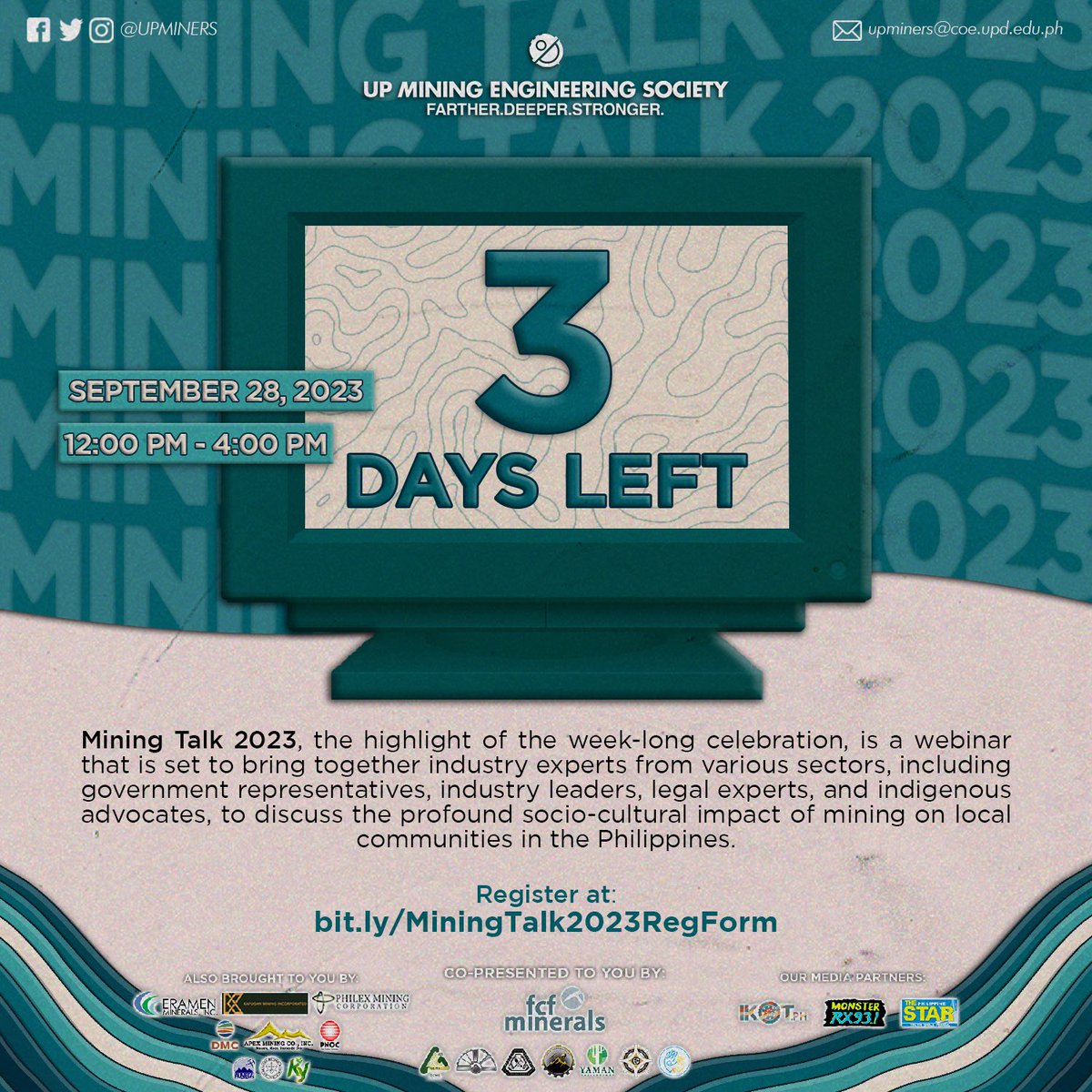 𝗢𝗻𝗹𝘆 𝗧𝗵𝗿𝗲𝗲 (𝟯) 𝗗𝗮𝘆𝘀 𝗥𝗲𝗺𝗮𝗶𝗻. 𝗕𝗲 𝗣𝗮𝗿𝘁 𝗼𝗳 𝘁𝗵𝗲 𝗧𝗿𝗮𝗻𝘀𝗳𝗼𝗿𝗺𝗮𝘁𝗶𝗼𝗻! 

Secure your spot now and ensure you're part of this adventure by registering through this form: bit.ly/MiningTalk2023… or by scanning the QR code below.