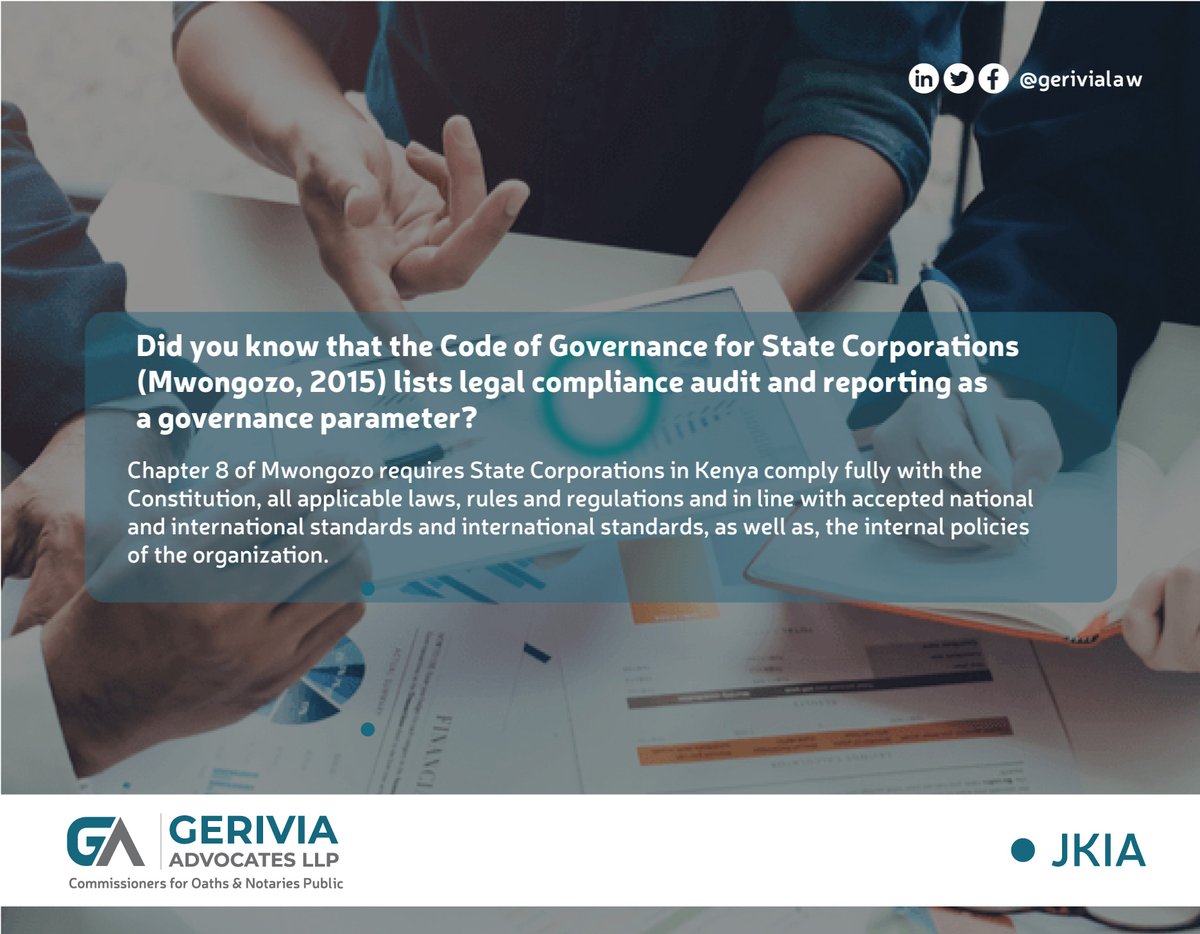 GeriviaLaw's tweet photo. DID YOU KNOW? that the Code of Governance for State Corporations (Mwongozo, 2015) lists legal compliance audit and reporting as a governance parameter?
Talk to us today:
===========
📱+254 700 135 555
📩 legal@gerivia.co.ke
📌 JKIA
#GeriviaLaw #Governance #auditcompliance https://t.co/MZX27ANZhA