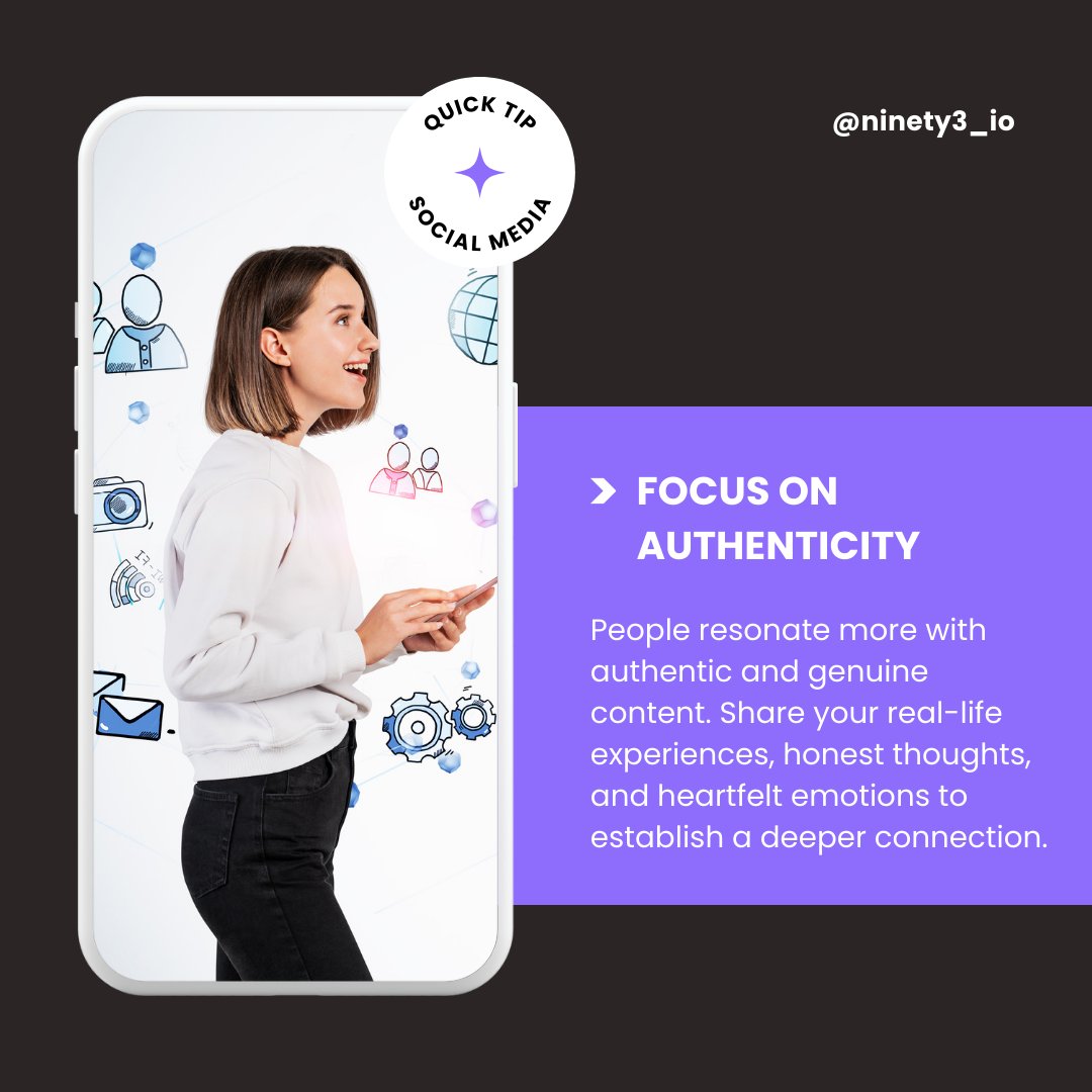 Ninety3io's tweet photo. When you create authentic content, you build deeper connections with your audience and create a community of people who support and uplift you. So be yourself and share your story with the world🤗❤️✨🙏💡  #authenticity #genuine #socialmediatips #beyourself  #beyou https://t.co/HEmFFiI5j7