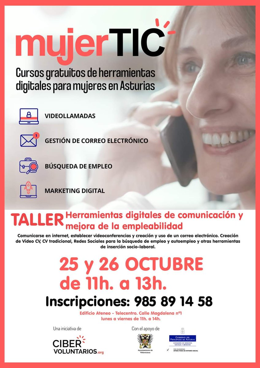 CDTL Villaviciosa (@cdtlvilla) on Twitter photo 💻Formación gratuita para mujeres sobre el uso de Internet y herramientas digitales, y mejorar así su inclusión personal, social y laboral gracias a la tecnología. <a href="/cibervoluntario/">Cibervoluntarios</a>
INSCRIPCIONES: ☎️985 89 14 58 (L a V de 11h. a 14h.)
#CDTL #Telecentro #Villaviciosa #MujerTIC 💻Formación gratuita para mujeres sobre el uso de Internet y herramientas digitales, y mejorar así su inclusión personal, social y laboral gracias a la tecnología. <a href="/cibervoluntario/">Cibervoluntarios</a>
INSCRIPCIONES: ☎️985 89 14 58 (L a V de 11h. a 14h.)
#CDTL #Telecentro #Villaviciosa #MujerTIC