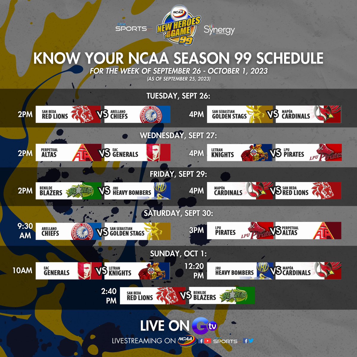 KNOW YOUR NCAA SEASON 99 SCHEDULE (As of September 25, 2023) #GMASynergy #NCAASeason99