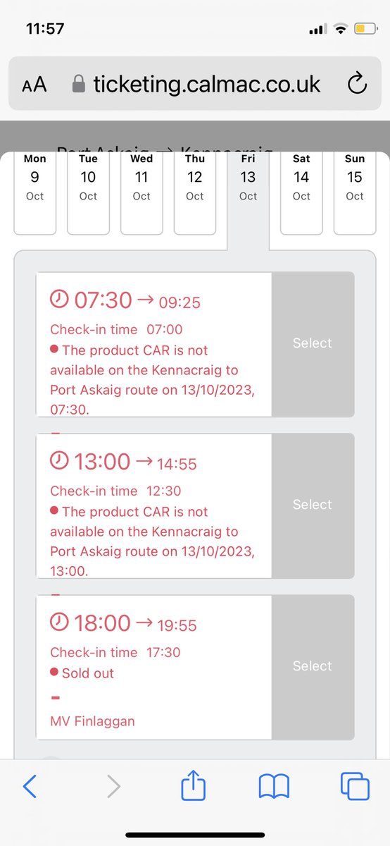 Eileen_Islay's tweet photo. @CalMac_Updates what is the difference between the booking status for these ferries? Why does one say sold out and one say car not available? Passengers are available for both so why the difference? https://t.co/g730zcDhk3