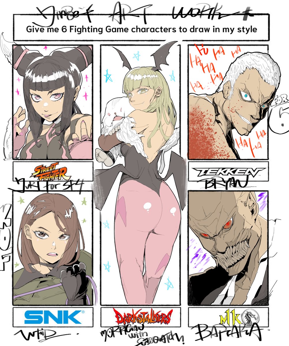 #格ゲーキャラ描こうぜ
give me 6 fighting game charaters to draw in my style
リクエスト頂いて描いてみました。