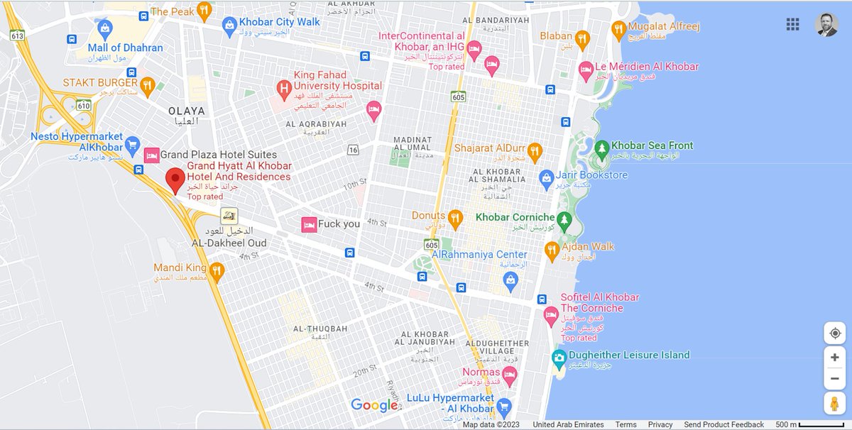 Just doing some @googlemaps research to find suitable hotel for an upcoming visit to Dammam in Saudi Arabia. Can you spot the accommodation I won't be booking, which incidentally seems to be sponsored by @bookingcom!? 😂🤣