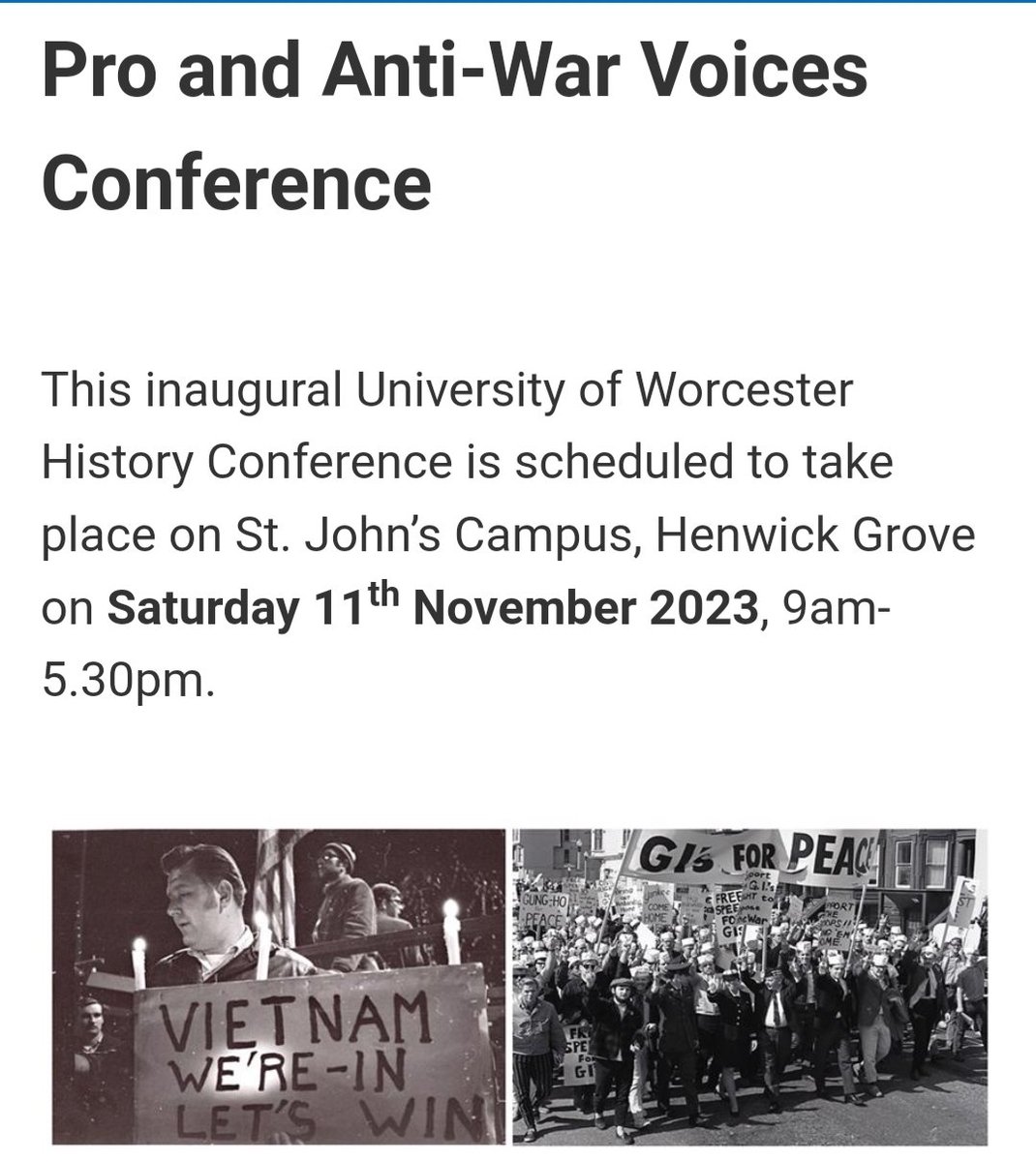 Interested in debates over war and peace in U.S. history?  

Pro and Anti-War Voices Conference, University of Worcester, Saturday 11 November. 

For more details see: worcester.ac.uk/about/academic…