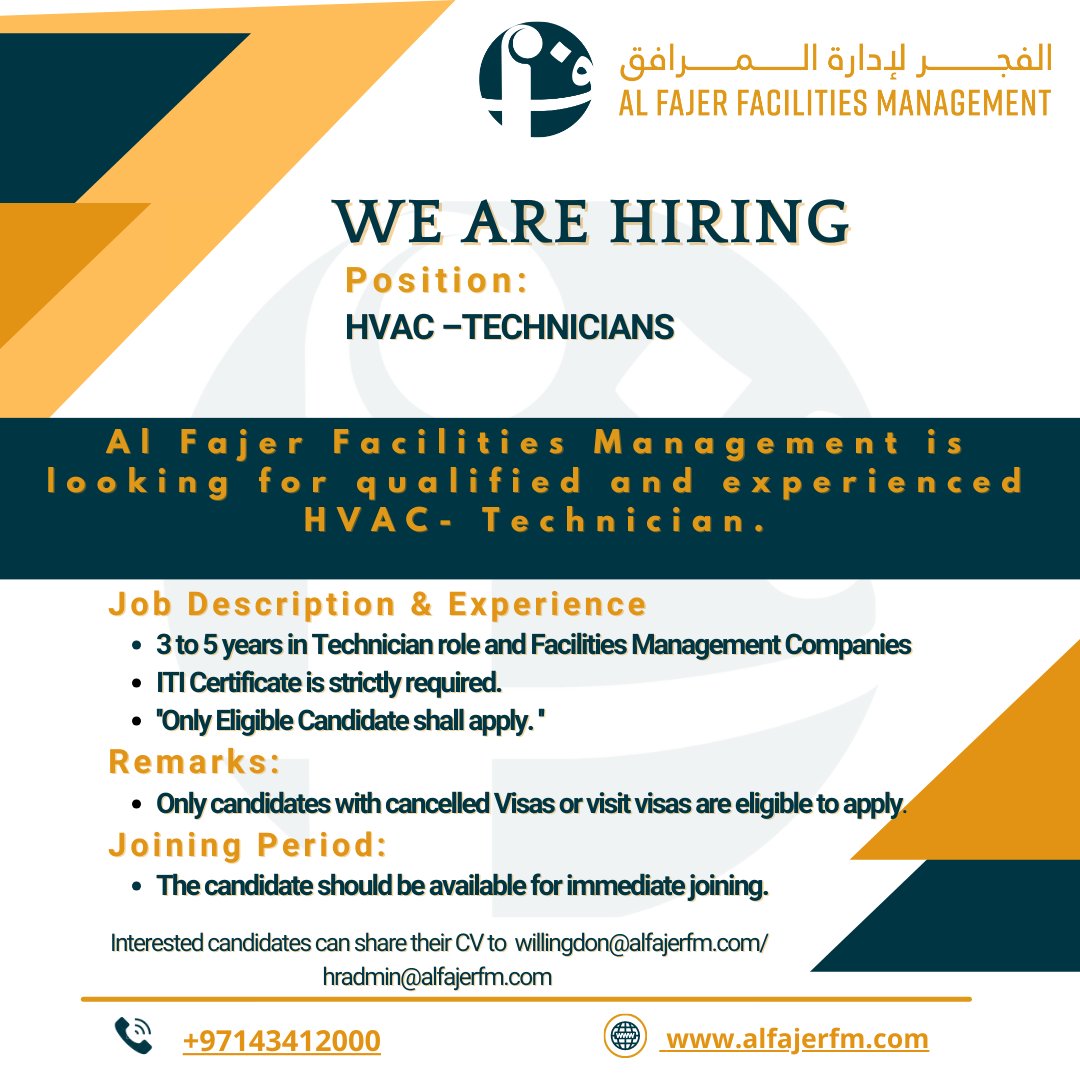 alfajerfm's tweet photo. 📣 Urgent!

We are looking for qualified and experienced HVAC- Technician.

Interested candidates can send their CV to the email address mentioned below:

willingdon@alfajerfm.com

hradmin@alfajerfm.com

#havctechnicien

#UrgentHiring

https://t.co/atTq9UgWSl https://t.co/mbdjc6eenz