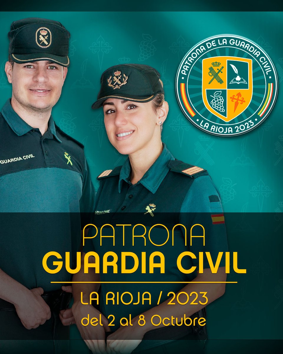 guardiacivil's tweet photo. #PatronaGC2023  | 🗓️3 octubre 📍La Rioja

ℹ️ Eventos:

➡️Talleres escolares
🕘09:30 a 13:30

➡️Exhibición Guardia Civil
🕘17:00 a 19:00

➡️Jornada 50 aniversario SEDEX y SAER
🕘17:00 a 19:30

➡️Cine Fórum
🕘17:00 a 20:00 https://t.co/T4B5zAwYPm