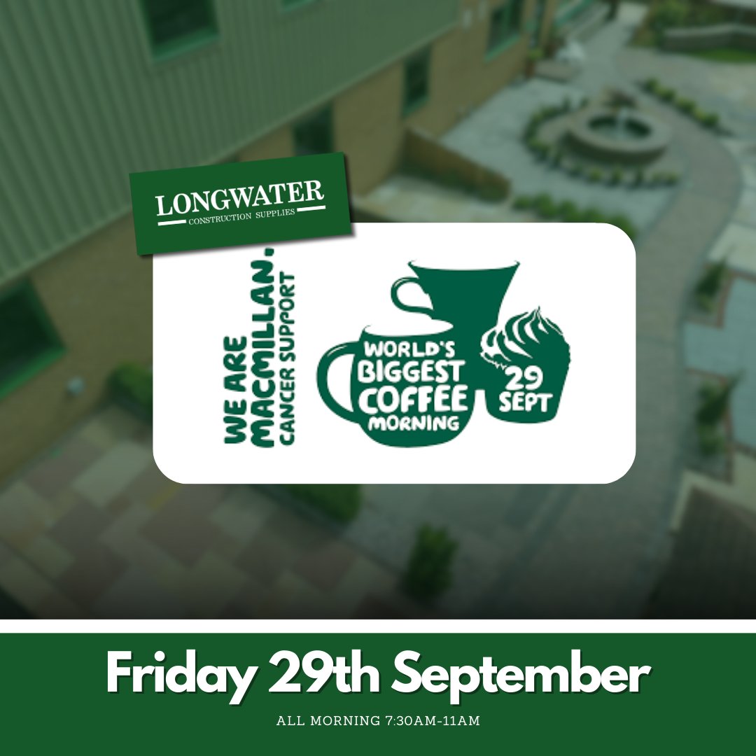 The World's Biggest Coffee morning is coming to Longwater this Friday! 🗓
Pop on down to our Norwich branch 7:30 until 11 for a Coffee and a Bacon Roll to raise money for an incredible cause close to all our hearts! 💚
#norwich #buildersmerchants #macmillan #coffeemorning
