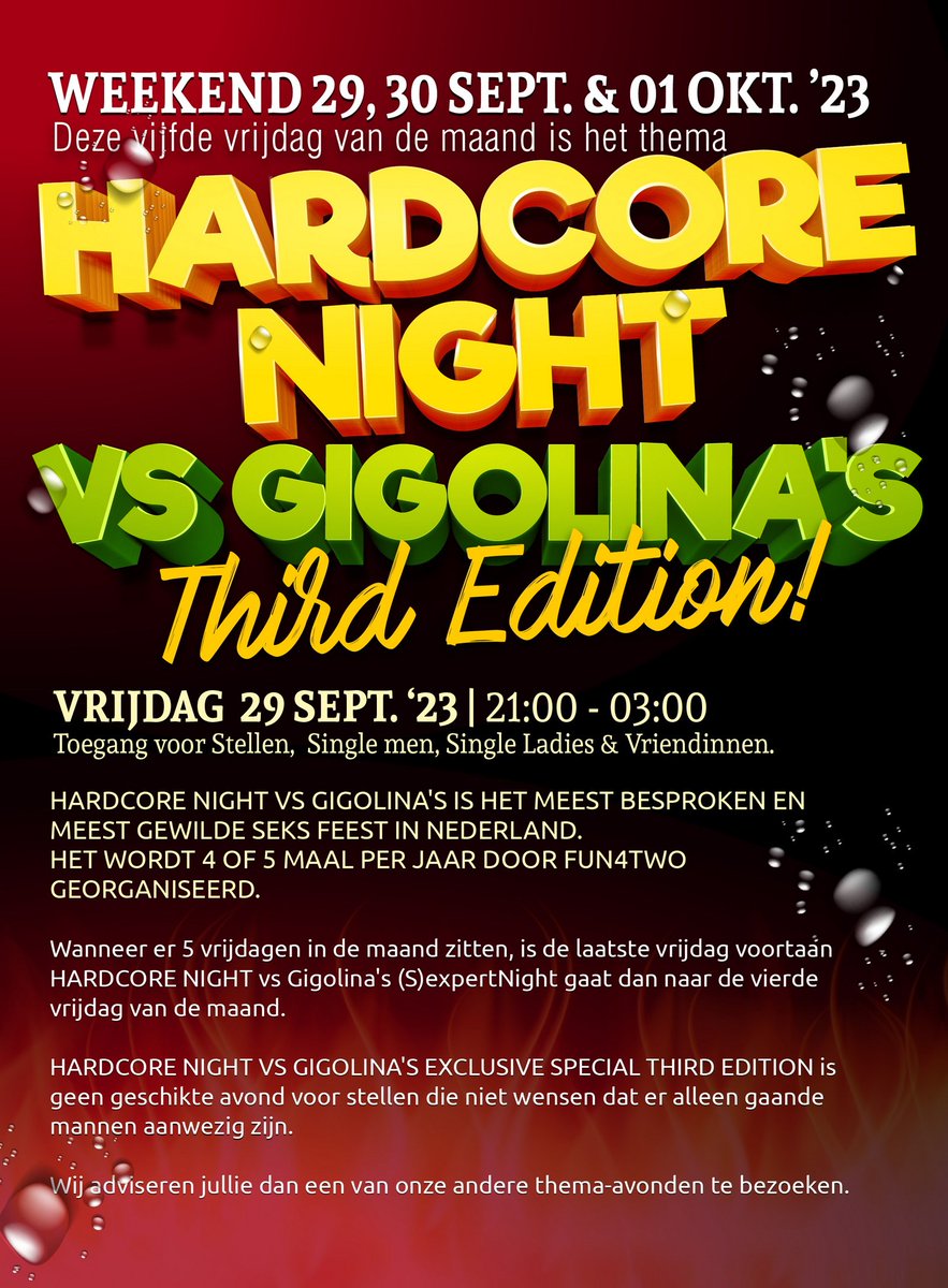 clubfun4two's tweet photo. Ons extra lange weekend programma staat online op https://t.co/jRrn8J3zQP
Donderdag - Ladies Night
Vrijdag - Hardcore Night
Zaterdag - Lekker Swingen
Zondag - Swingers Sunday
Team Fun4Two
#parenclub #swingersclub #hardcorenight #programma #tickets #Fun4Two #weekend #party https://t.co/HIxBveaPcQ