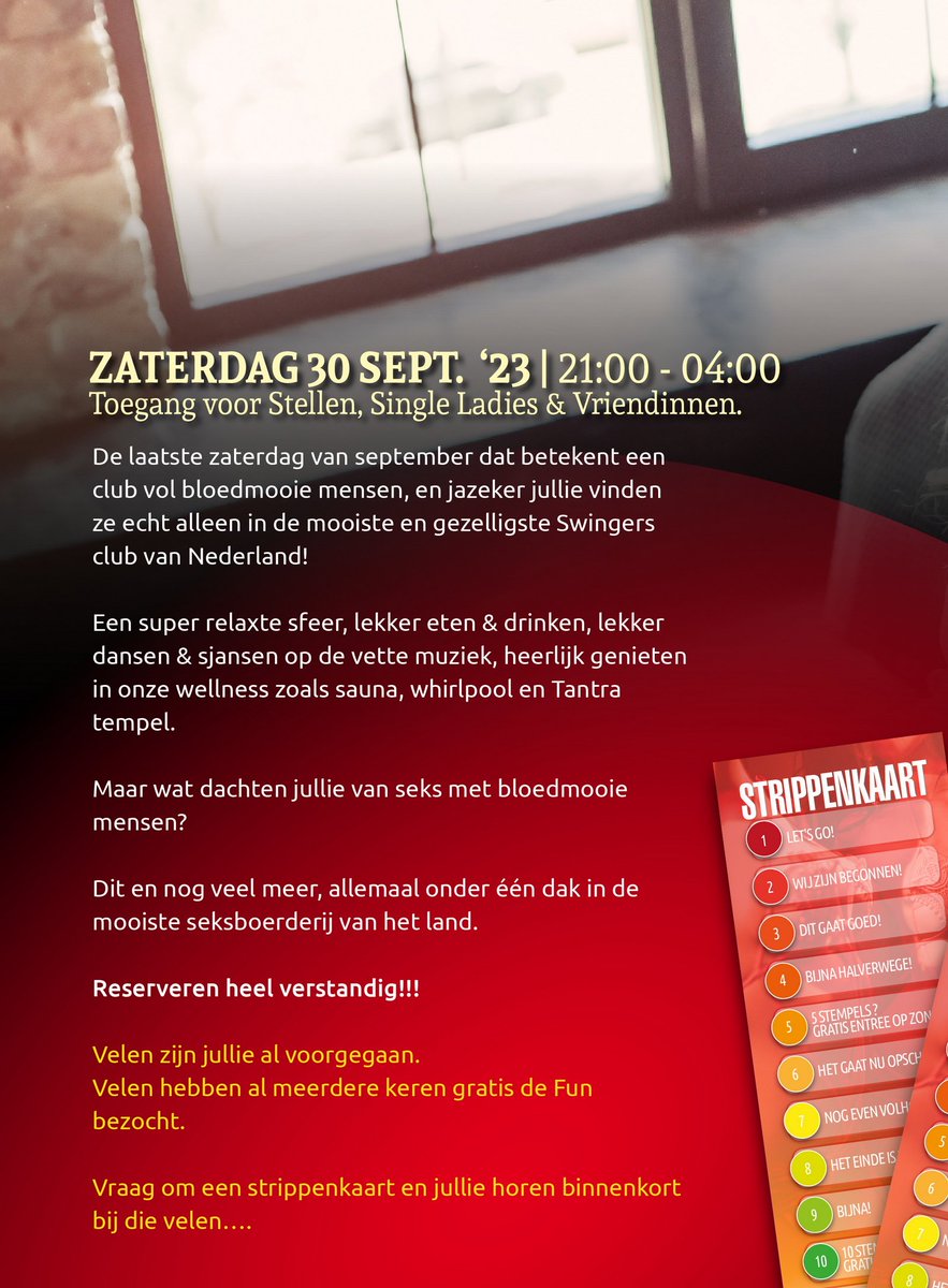clubfun4two's tweet photo. Ons extra lange weekend programma staat online op https://t.co/jRrn8J3zQP
Donderdag - Ladies Night
Vrijdag - Hardcore Night
Zaterdag - Lekker Swingen
Zondag - Swingers Sunday
Team Fun4Two
#parenclub #swingersclub #hardcorenight #programma #tickets #Fun4Two #weekend #party https://t.co/HIxBveaPcQ