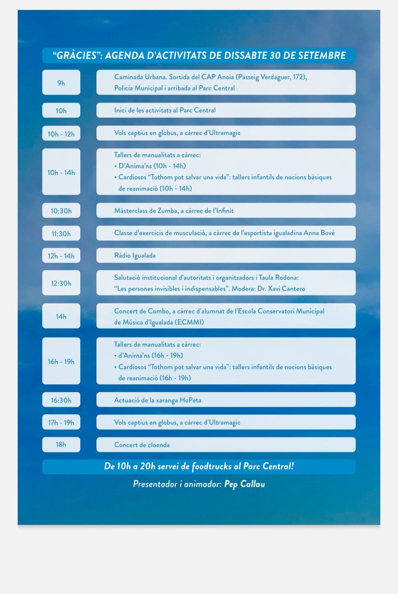 El pròxim 30 de setembre es fa un Acte a Igualada en "agraïment a l'esforç davant la Covid-19" amb activitats al Parc Central