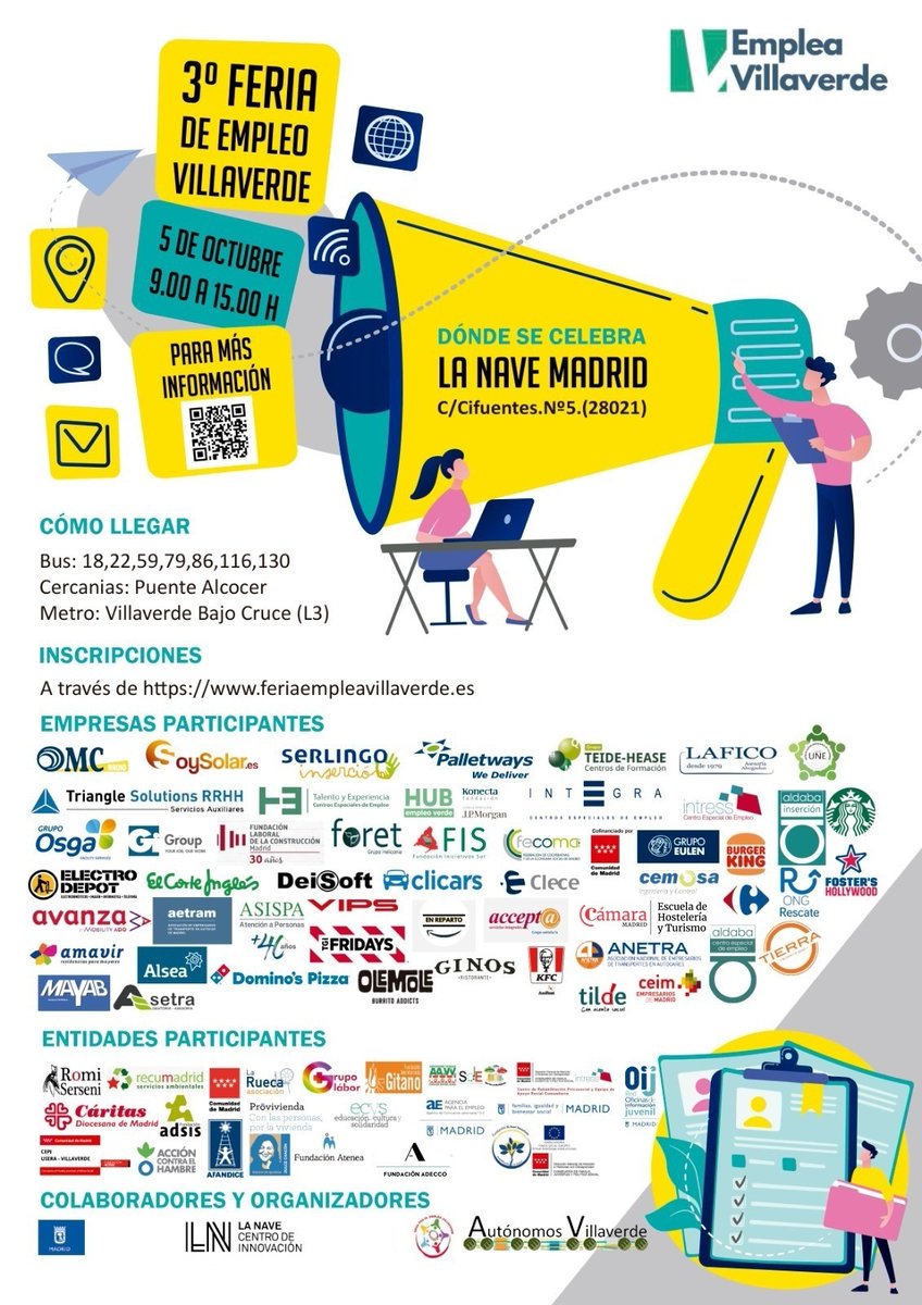 ATENCIÓN!!!
El próximo 5 de OCTUBRE celebramos la 3ª FERIA DEL EMPLEO DE VILLAVERDE en LA NAVE.
Encontrarás multitud de recursos de empleo y emprendimiento social, ofertas de empleo, conferencias y talleres especializados.
Inscríbete: feriaempleavillaverde.es

#feriaemplea